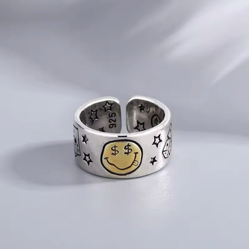 925 Sterling Smiley Happy Money Face Poker Boho Ring (Two Tone) #1381